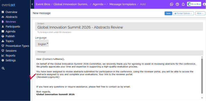 Reviewer invitation message using the portal login link token