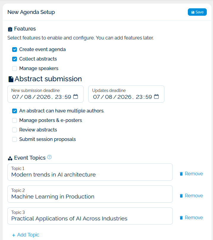 Agenda settings – topics and presentation types