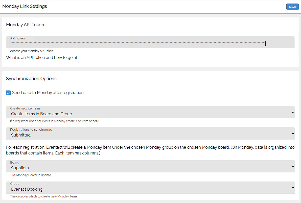Monday API key and settings